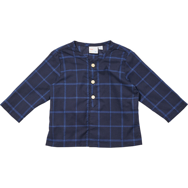 Lupo Baby Collarless 3-Buttoned Shirt, Navy Windowpane