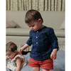 Lupo Baby Collarless 3-Buttoned Shirt, Navy Windowpane - Shirts - 2