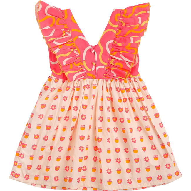 Tully Gathered Waist Ruffle Sleeve Dress, Pink And Cream - Dresses - 4