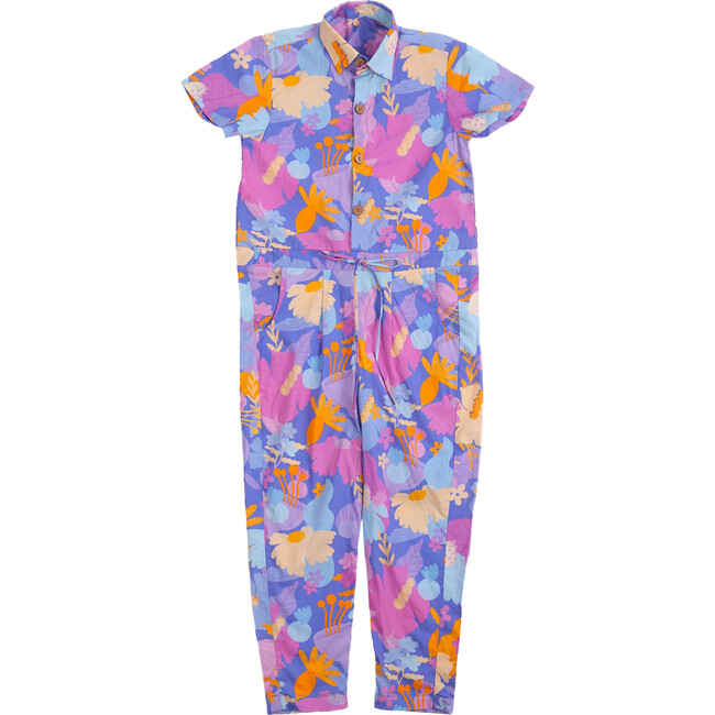 Daffy Unisex Floral Print Short Sleeve Jumpsuit, Purple
