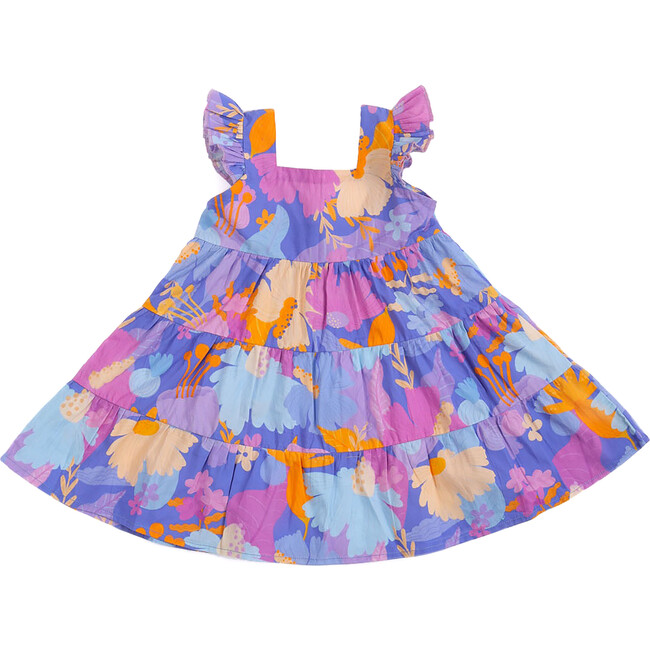 Daffy Floral Print Frilly Sleeve Tiered Frock, Purple