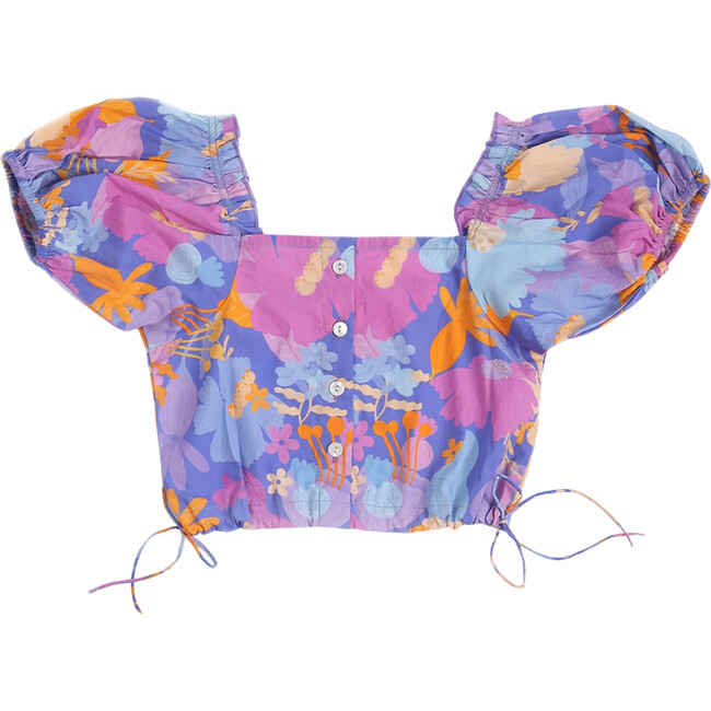 Daffy Floral Print Puffy Sleeve Crop Top, Purple