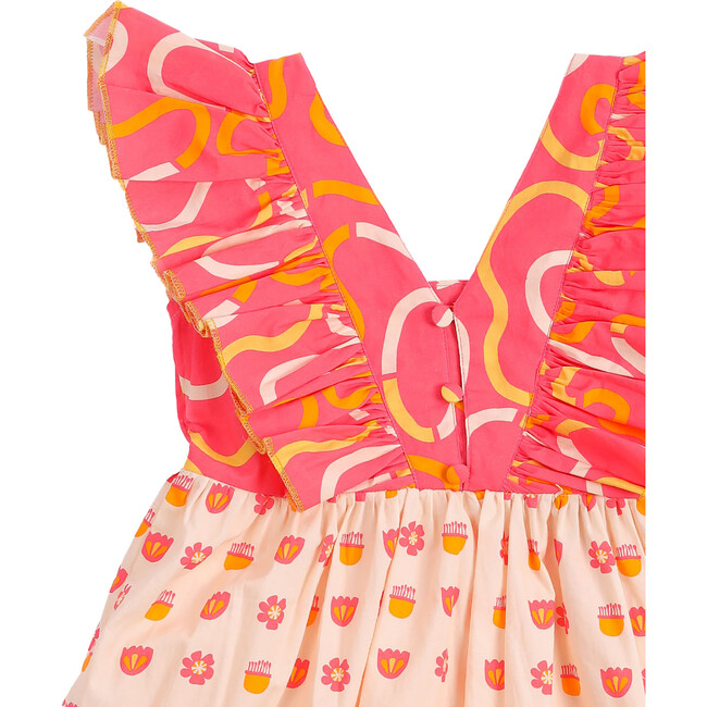 Tully Gathered Waist Ruffle Sleeve Dress, Pink And Cream - Dresses - 6