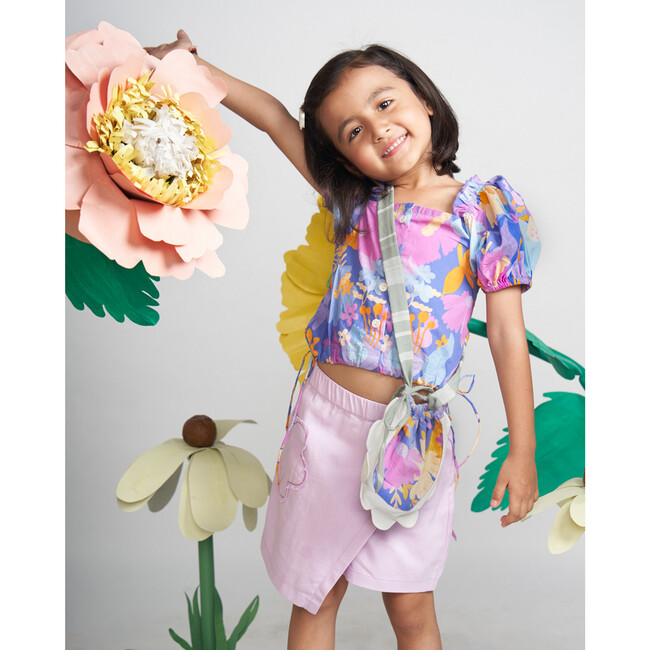 Daffy Floral Print Puffy Sleeve Crop Top, Purple - Blouses - 2