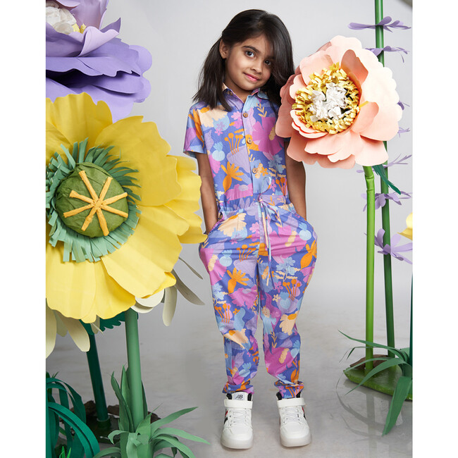 Daffy Unisex Floral Print Short Sleeve Jumpsuit, Purple - Jumpsuits - 4