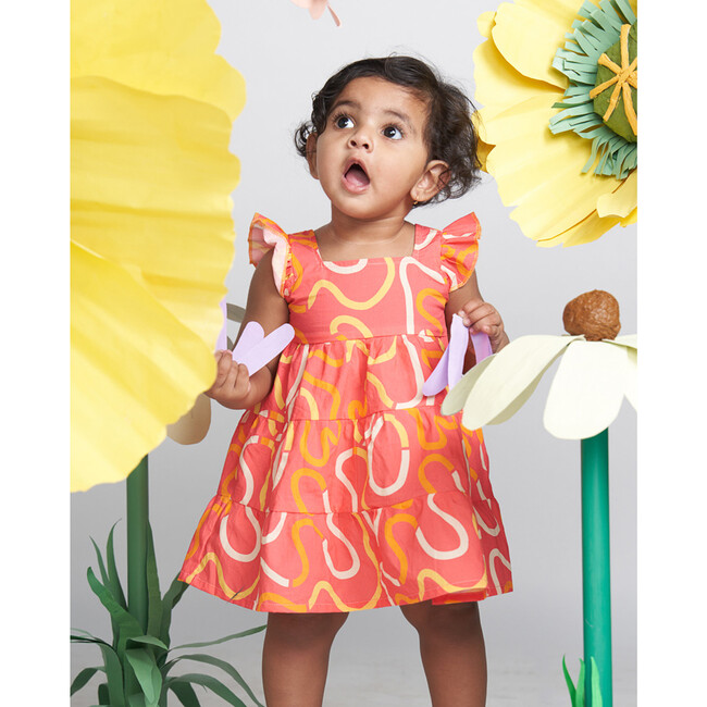 Swiggly Swirly Print Frilly Sleeve Tiered Frock, Pink - Dresses - 7