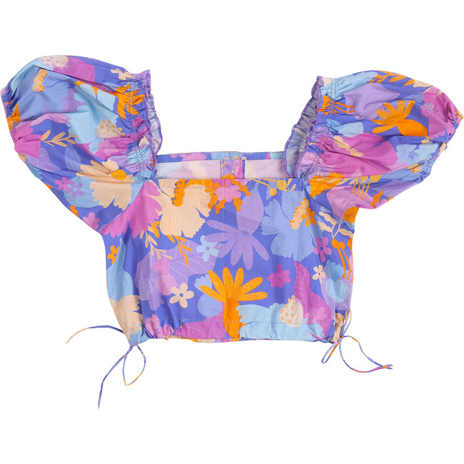 Daffy Floral Print Puffy Sleeve Crop Top, Purple - Blouses - 5
