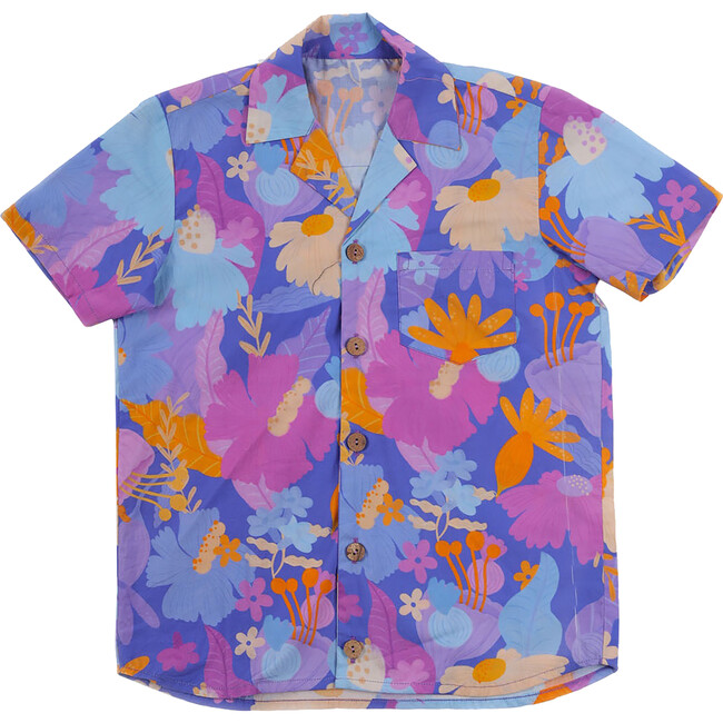 Daffy Floral Print Hawaiian Summer Short Sleeve Shirt, Purple