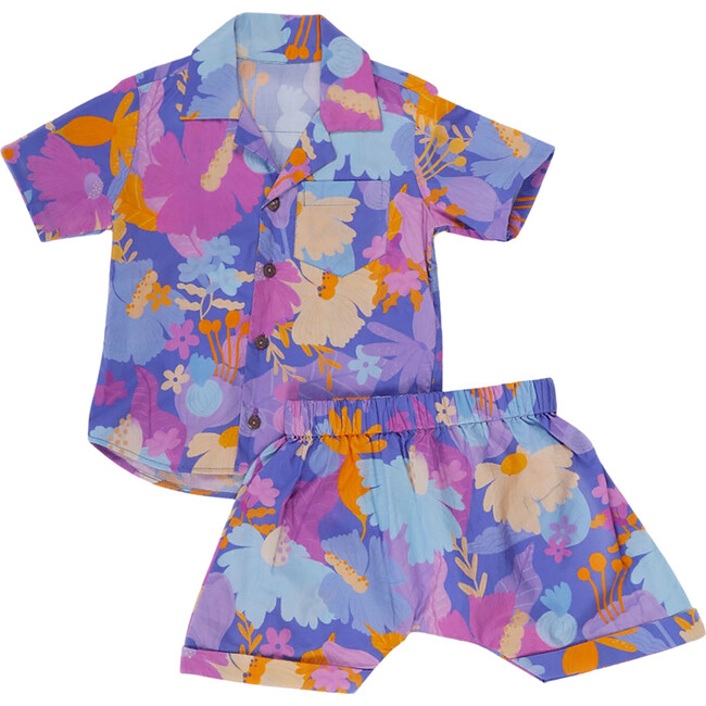 Daffy Floral Print Shirt And Shorts Co-Ord Set, Purple