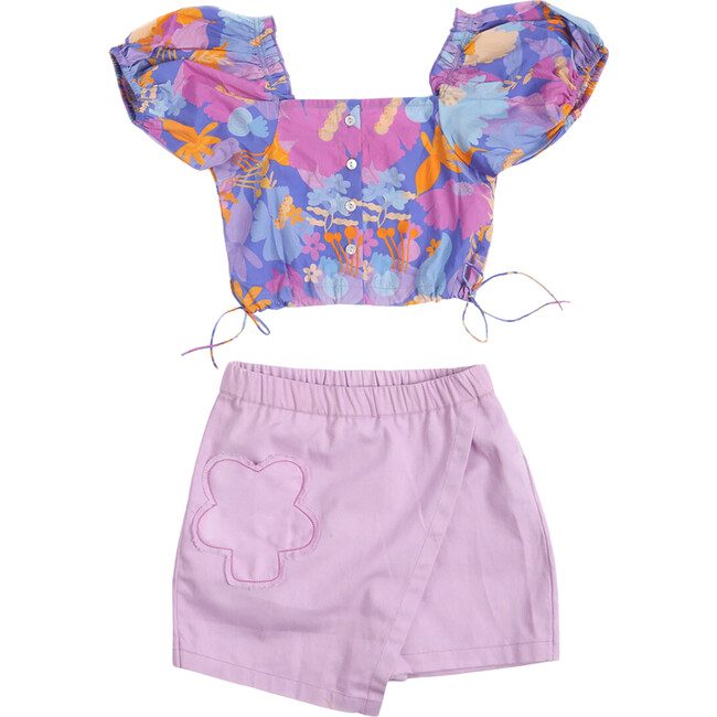 Daffy Floral Print Puffy Sleeve Co-Ord Set, Purple - Mixed Apparel Set - 1