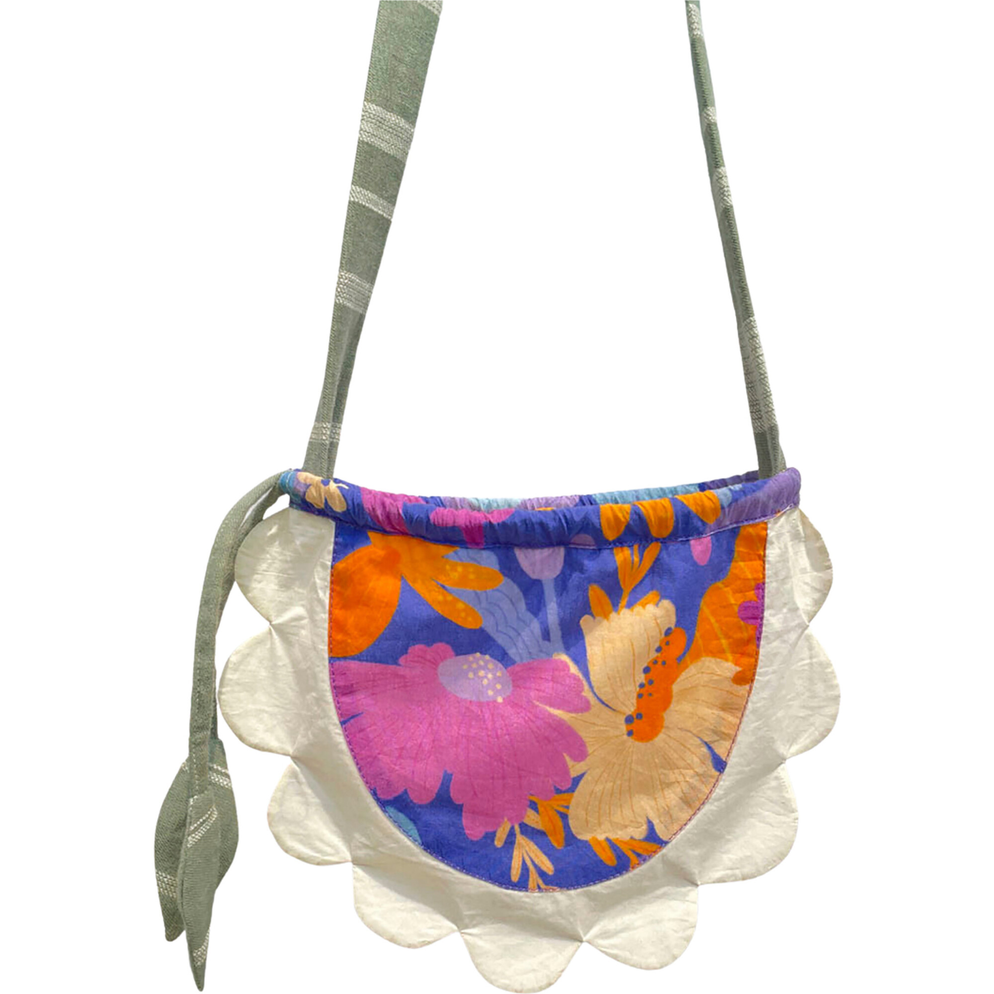 Daffy Flower Print Upcycled Sling Bag, Purple And White
