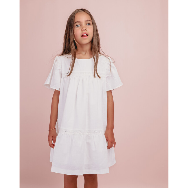 Florence Round Neck Short Ruffled Sleeve Dress, Pearl - Dresses - 3