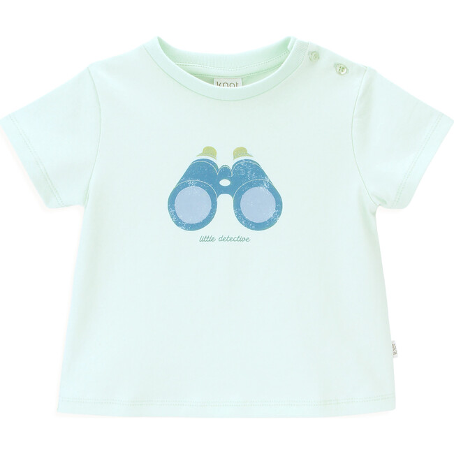 Little Detective Crew Neck Short Sleeve Shoulder Open T-Shirt, Celadon Green - T-Shirts - 1