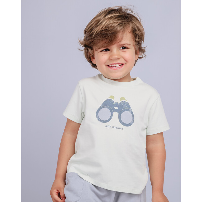 Little Detective Crew Neck Short Sleeve Shoulder Open T-Shirt, Celadon Green - T-Shirts - 4