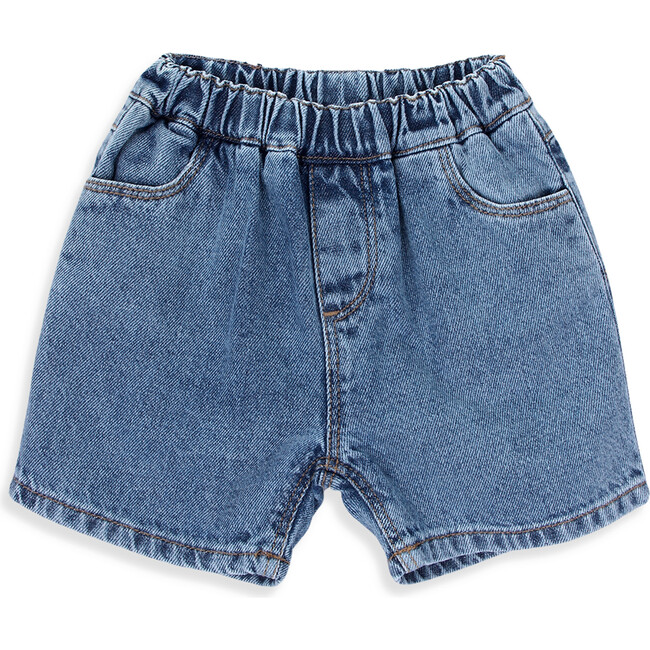Spike Elastic Waist Front And Back Pocket Denim Shorts, Medium Blue