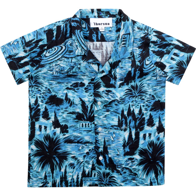 Desert Tropical Print Short Sleeve Shirt, Blue