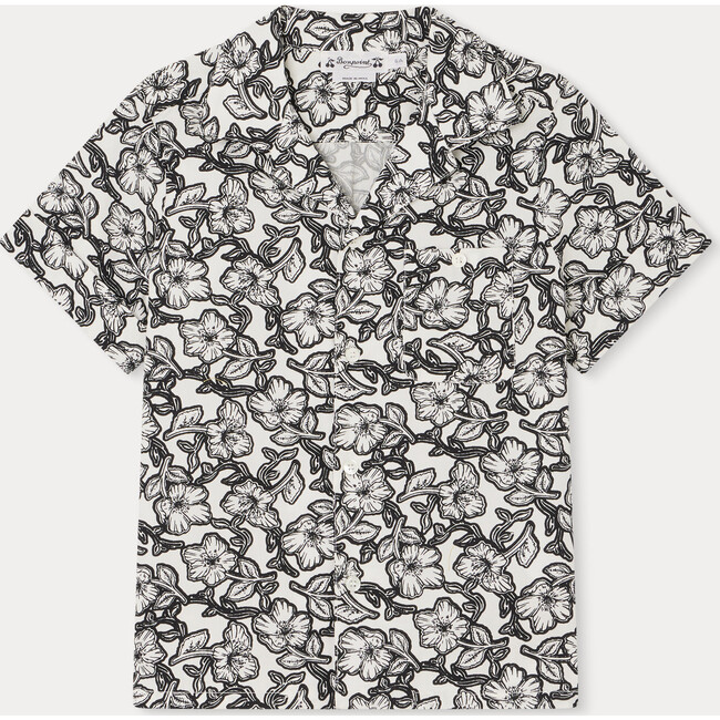 Steve Cuban Colar Short Sleeve Print Shirt, Black Flowers