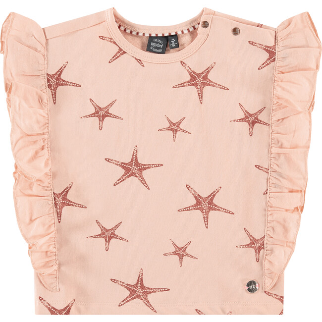 All-Over Starfish Graphic Print Side Ruffle T-Shirt, Pink