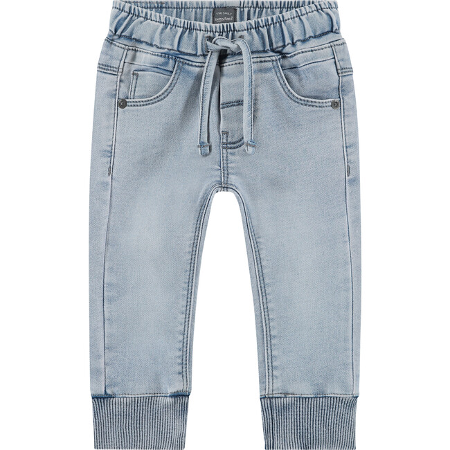 Jogger Style Cinched Waist Cuffed Jeans, Blue Denim