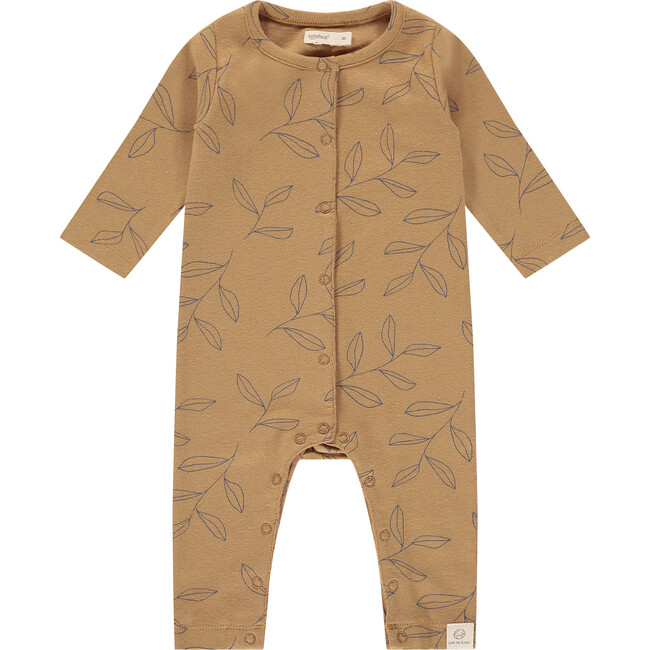 Leaf Graphic Print Buttoned Romper, Curry