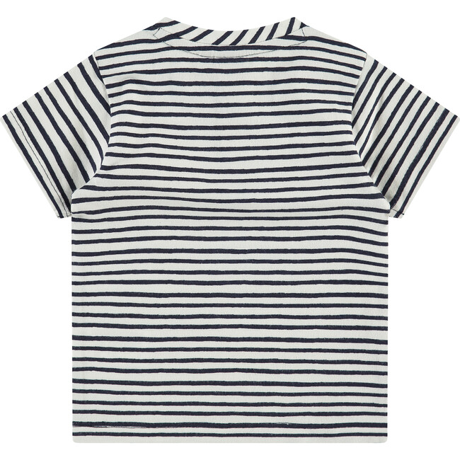 Short Sleeve Button Down Sriped Henley T-Shirt, Dark Blue - Tees - 2