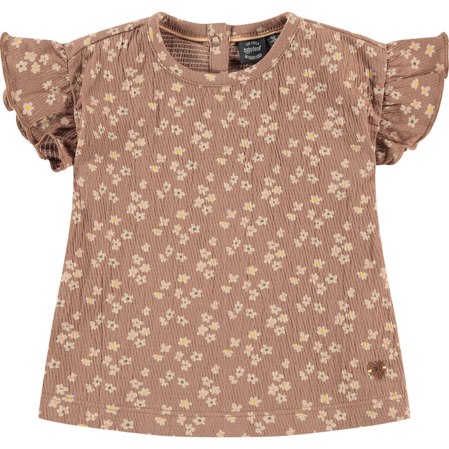 Flutter Sleeve All-Over Floral Graphic Print T-Shirt, Wood