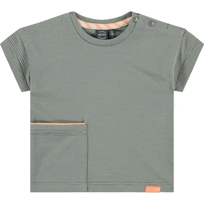 Crew Neck Micro-Stripe Enlarged Side Pocket T-Shirt, Thyme
