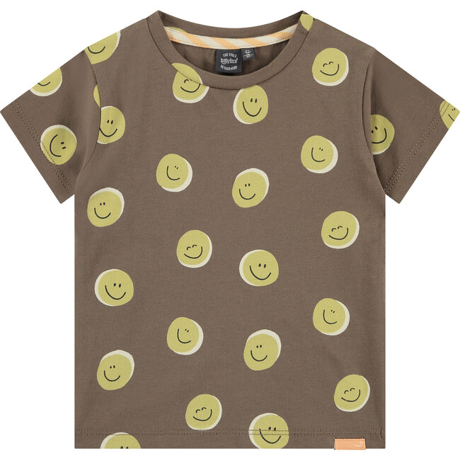 All Over Smiley Face Graphic Print T-Shirt, Brown