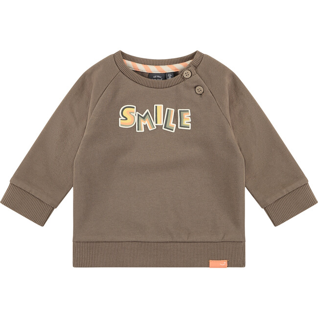 Crew Neck Long Sleeve Ribbed Cuff 'Smile' Graphic Print Sweatshirt, Brown - Sweatshirts - 1