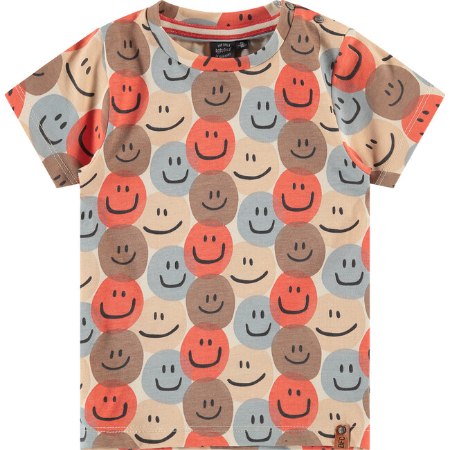 All-Over Multicolored Smileyface Graphic Print T-Shirt, Grapefruit