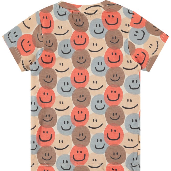 All-Over Multicolored Smileyface Graphic Print T-Shirt, Grapefruit - Tees - 2