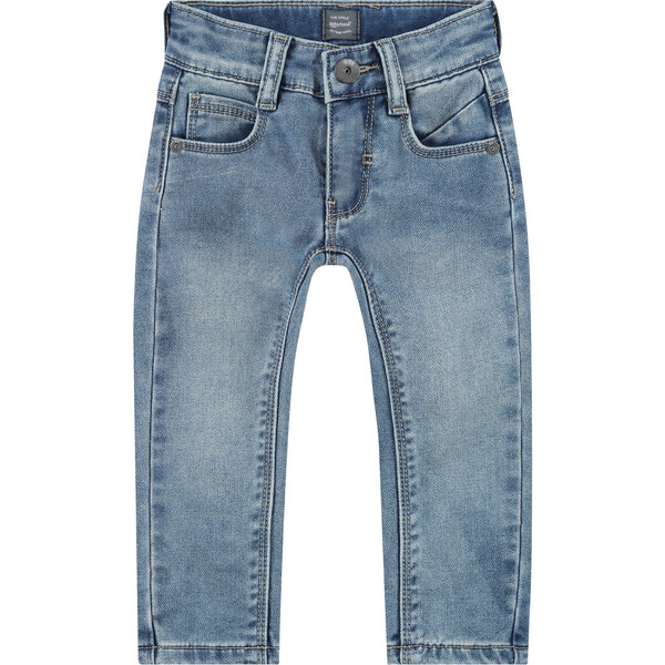 Straight Cut Buttoned Jeans, Mid Blue Denim - Babyface Pants | Maisonette