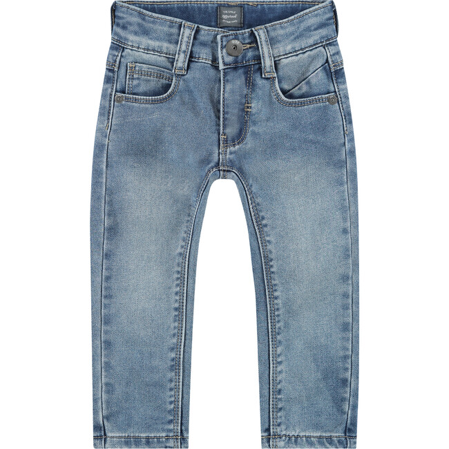 Straight Cut Buttoned Jeans, Mid Blue Denim