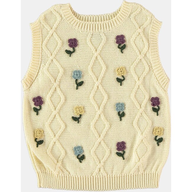 Baby Floral Embroidered Knit Crew Neck Vest, Light Yellow - Vests - 2