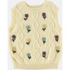 Baby Floral Embroidered Knit Crew Neck Vest, Light Yellow - Vests - 2