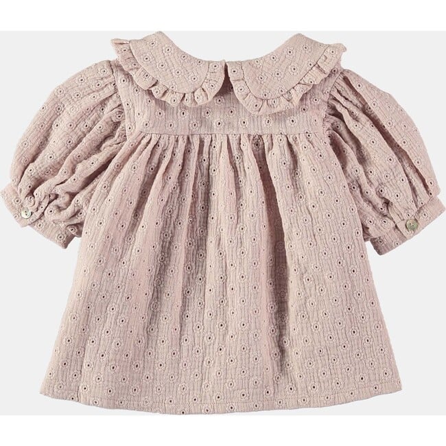 Baby British Embroidery Peter Pan Collar Puff Sleeve Buttoned Dress, Pink - Dresses - 2