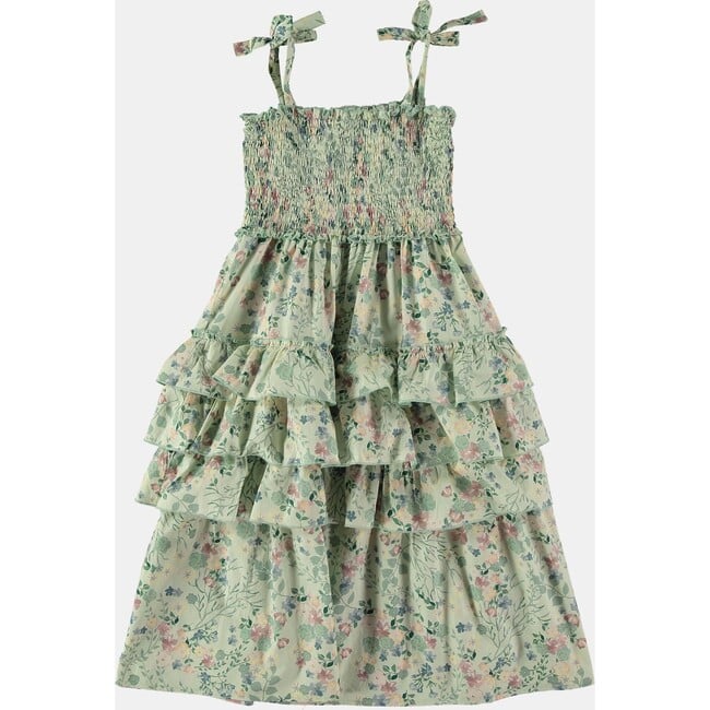 Floral Print Tie Shoulder Long Smock Dress, Green - Dresses - 3