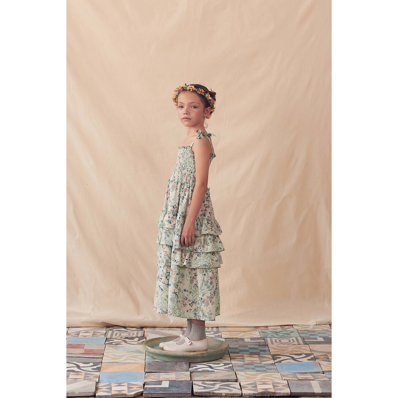 Floral Print Tie Shoulder Long Smock Dress, Green - Coco Au Lait Dresses |  Maisonette