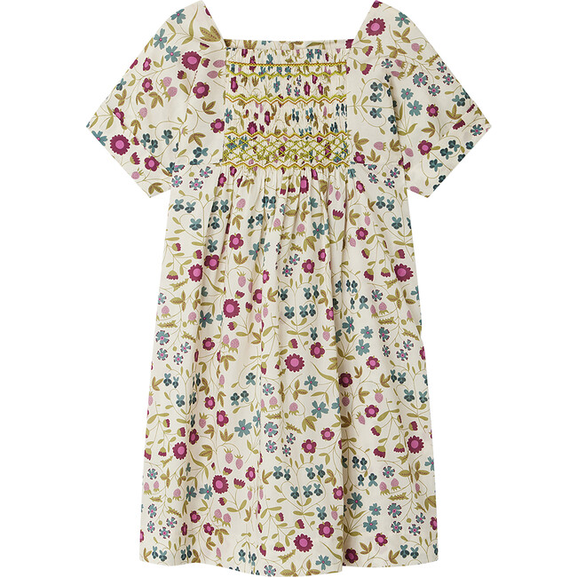 Paysanne Short Sleeve Hand-Embroidered Print Smocked Dress, Ecru