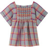 Pays Short Wide Sleeve Smocked Plaid Blouse, Blue Grey - Blouses - 1 - thumbnail