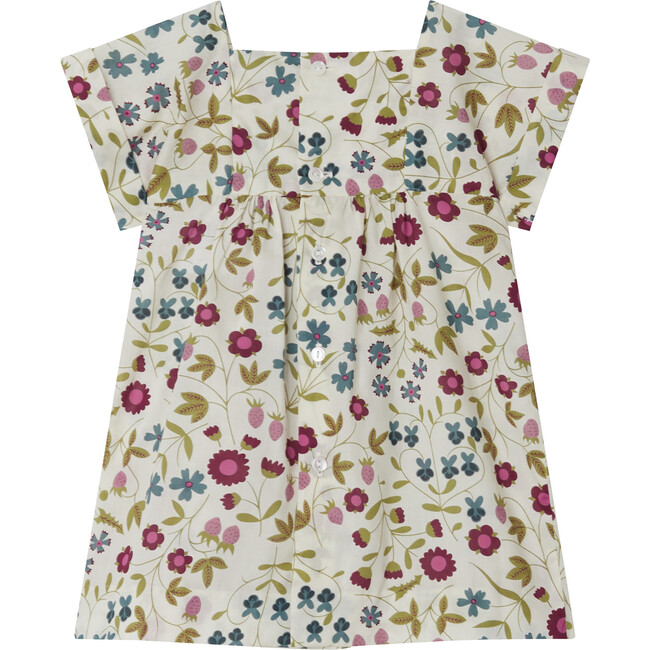 Pais Short Folded Cuff Sleeve Floral Print Smocked Dress, Ecru - Dresses - 2