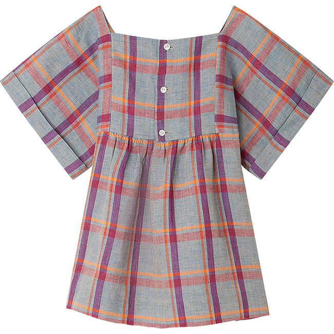 Pays Short Wide Sleeve Smocked Plaid Blouse, Blue Grey - Blouses - 2