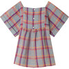 Pays Short Wide Sleeve Smocked Plaid Blouse, Blue Grey - Blouses - 2