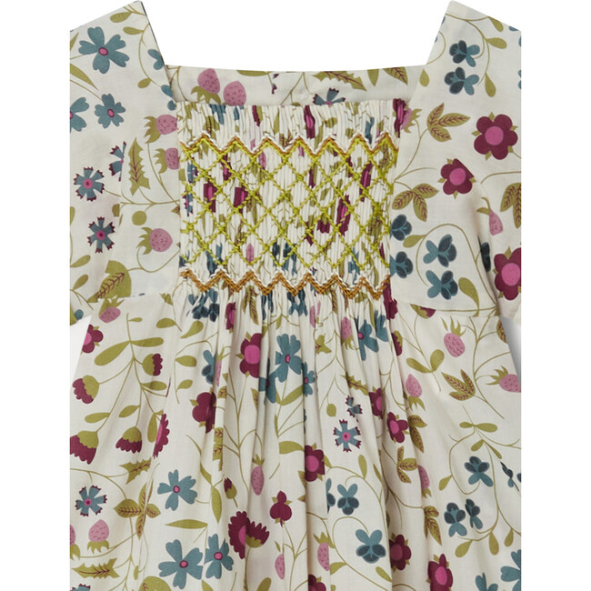 Pais Short Folded Cuff Sleeve Floral Print Smocked Dress, Ecru - Dresses - 3