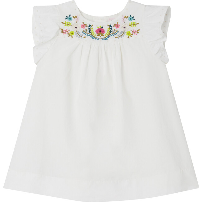 Laurie Sleeveless Embroidered Ruffle Dress, Milk White