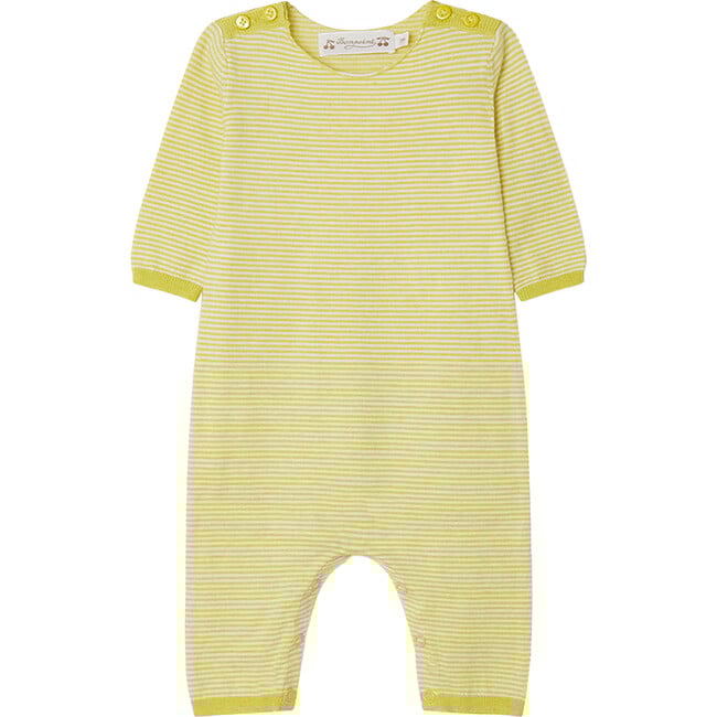 Come Crew Neck Shoulder Snap Striped Jumpsuit, Neon Yellow
