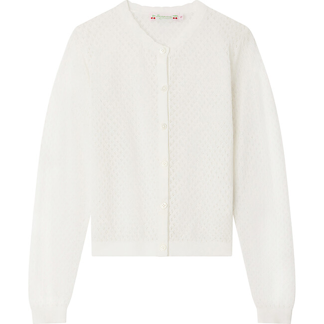 Clarisse Scalloped Neck Straight Cut Ribbed Cardigan, White - Cardigans - 1