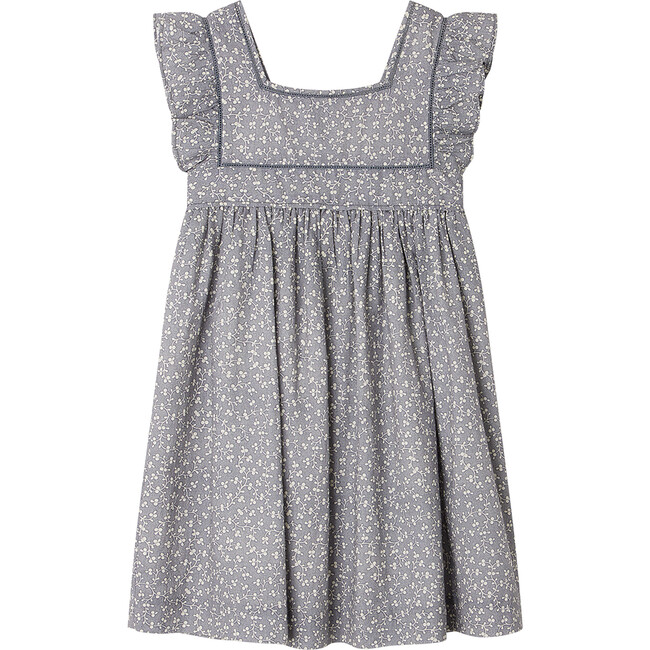 Cassiopee Floral Print Square Neck Ruffled Sleeve Dress, Blue Grey