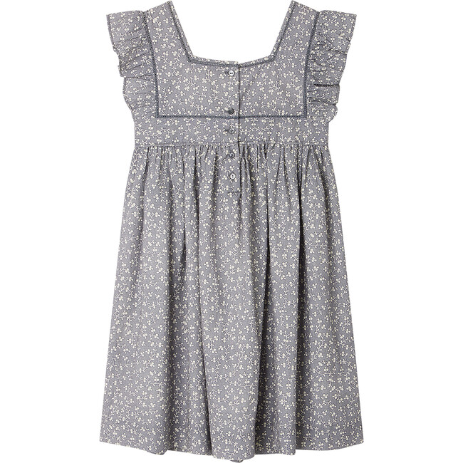 Cassiopee Floral Print Square Neck Ruffled Sleeve Dress, Blue Grey - Dresses - 2
