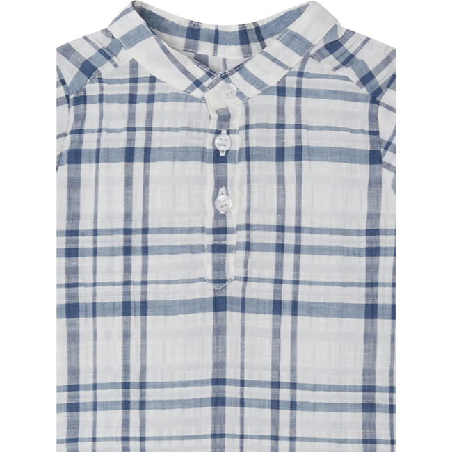 Cesari Tunisian Collar Short Sleeves Checkered Shirt, Blue - Shirts - 3